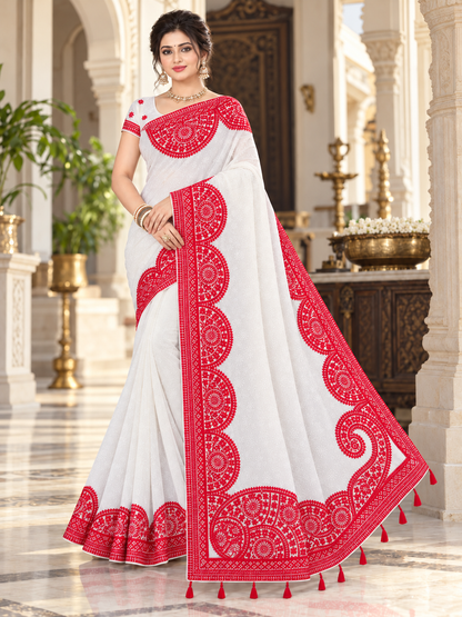 White & Red Soft Georgette Lucknowi Work Saree with Traditional Circular Motifs & Tassel Pallu