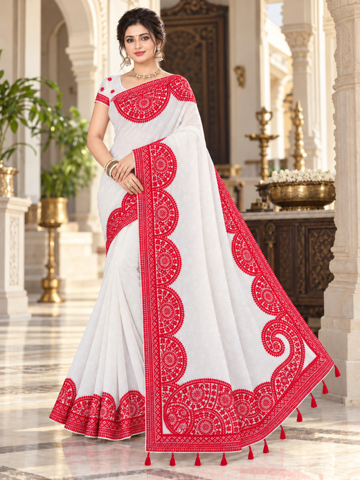 White & Red Soft Georgette Lucknowi Work Saree with Traditional Circular Motifs & Tassel Pallu