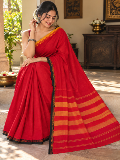 Red Pure Cotton Dhonekhali Saree with yellow Striped Pallu & Black Woven Border