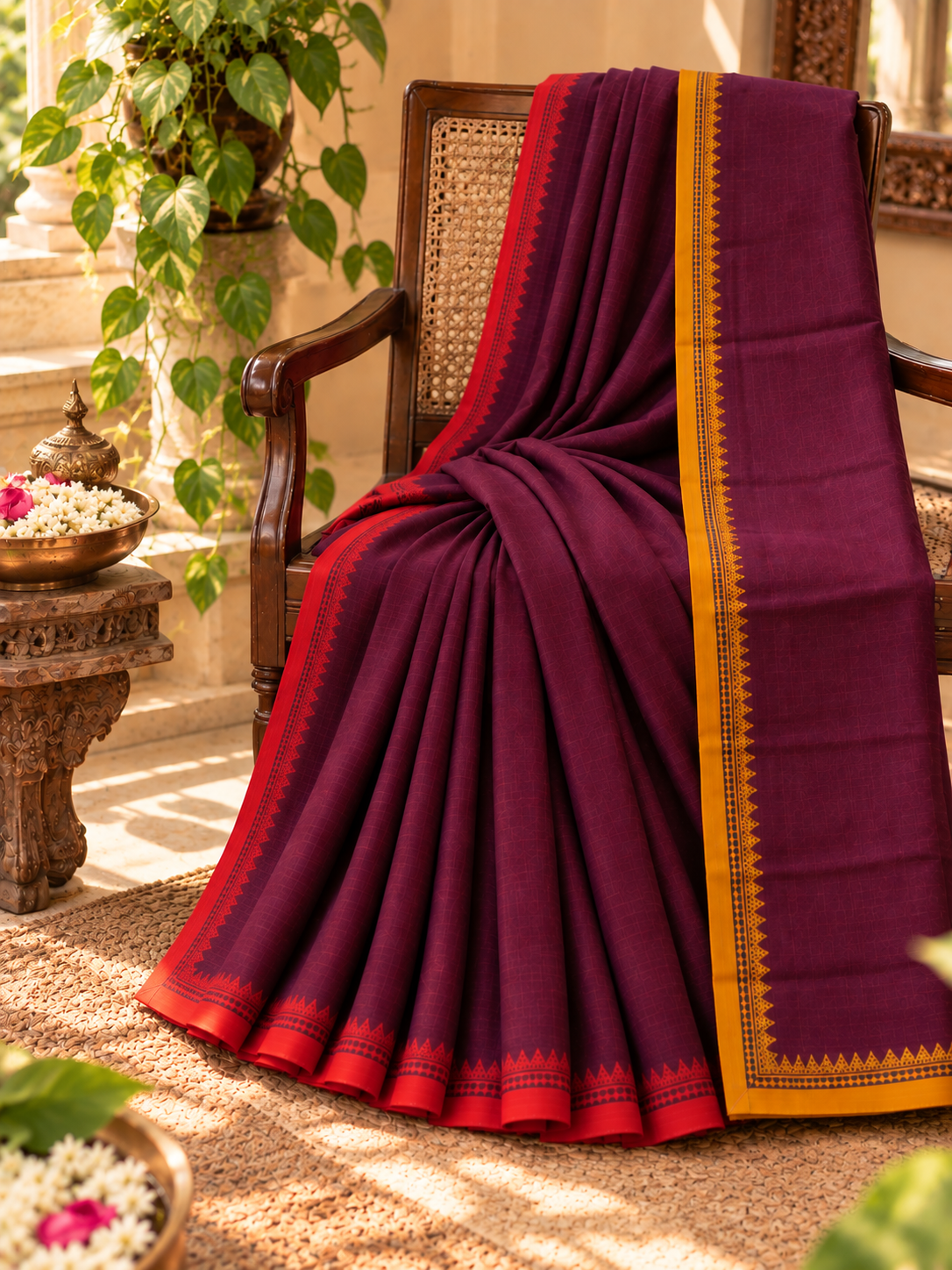 Wine Purple Pure Cotton Dhonekhali Saree with Red & Mustard Woven Border