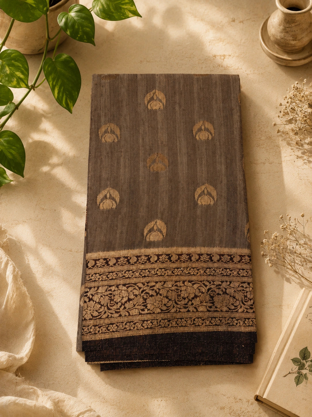 Steel Grey Matka Khaddi Banarasi Saree with Zari Woven Border