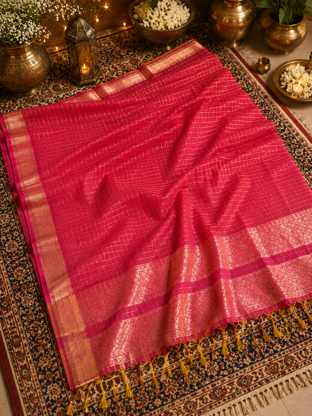 Magenta Pink Mangalgiri Check Saree with Gold Zari Border & Traditional Woven Pallu