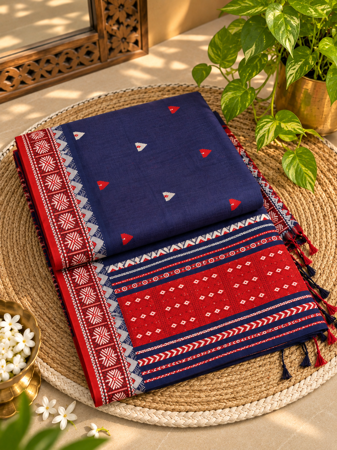 Deep Purple Pure Cotton Weaving Saree with Red Geometric Border & Buti Motifs