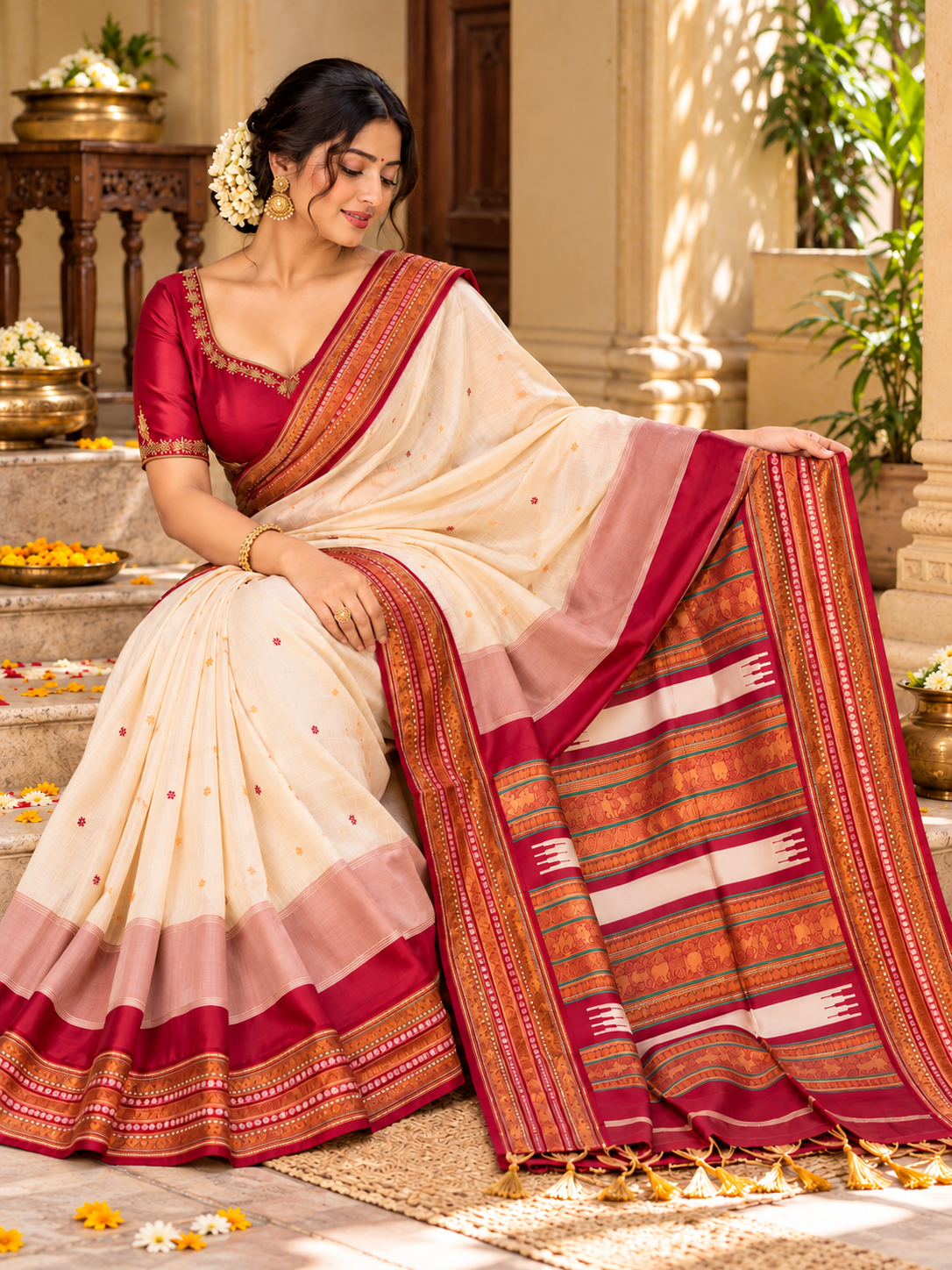 Ivory & maroon Assam Silk Saree with Traditional Woven Border and Buti Motifs