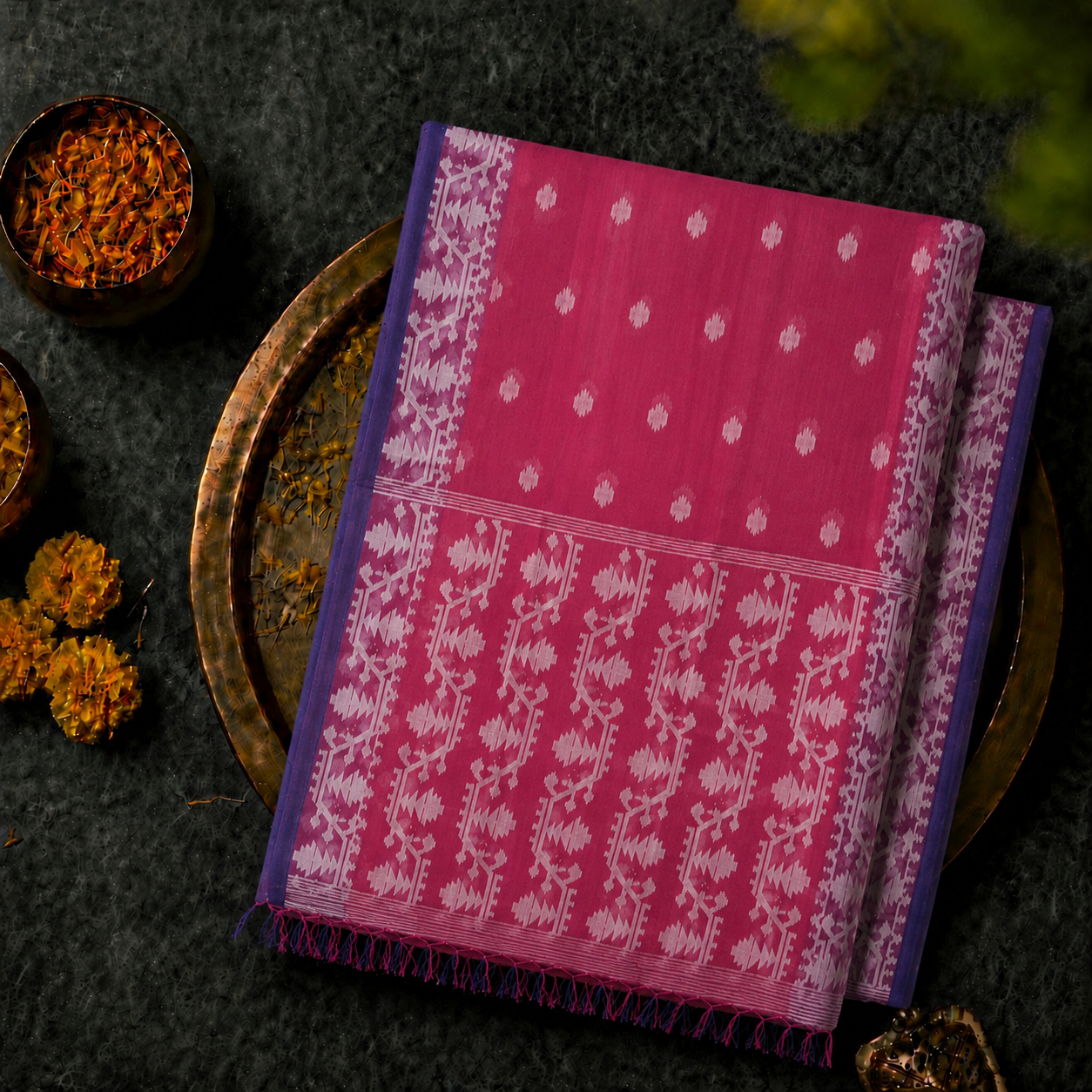 Pink Muslin Jamdani Saree with White Traditional Woven Motifs & Blue Border