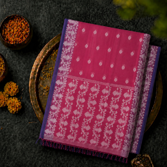 Pink Muslin Jamdani Saree with White Traditional Woven Motifs & Blue Border