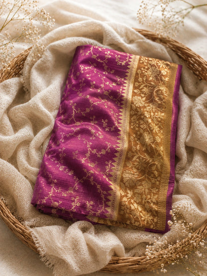 Magenta Matka Khaddi Banarasi Saree with Floral Zari Border