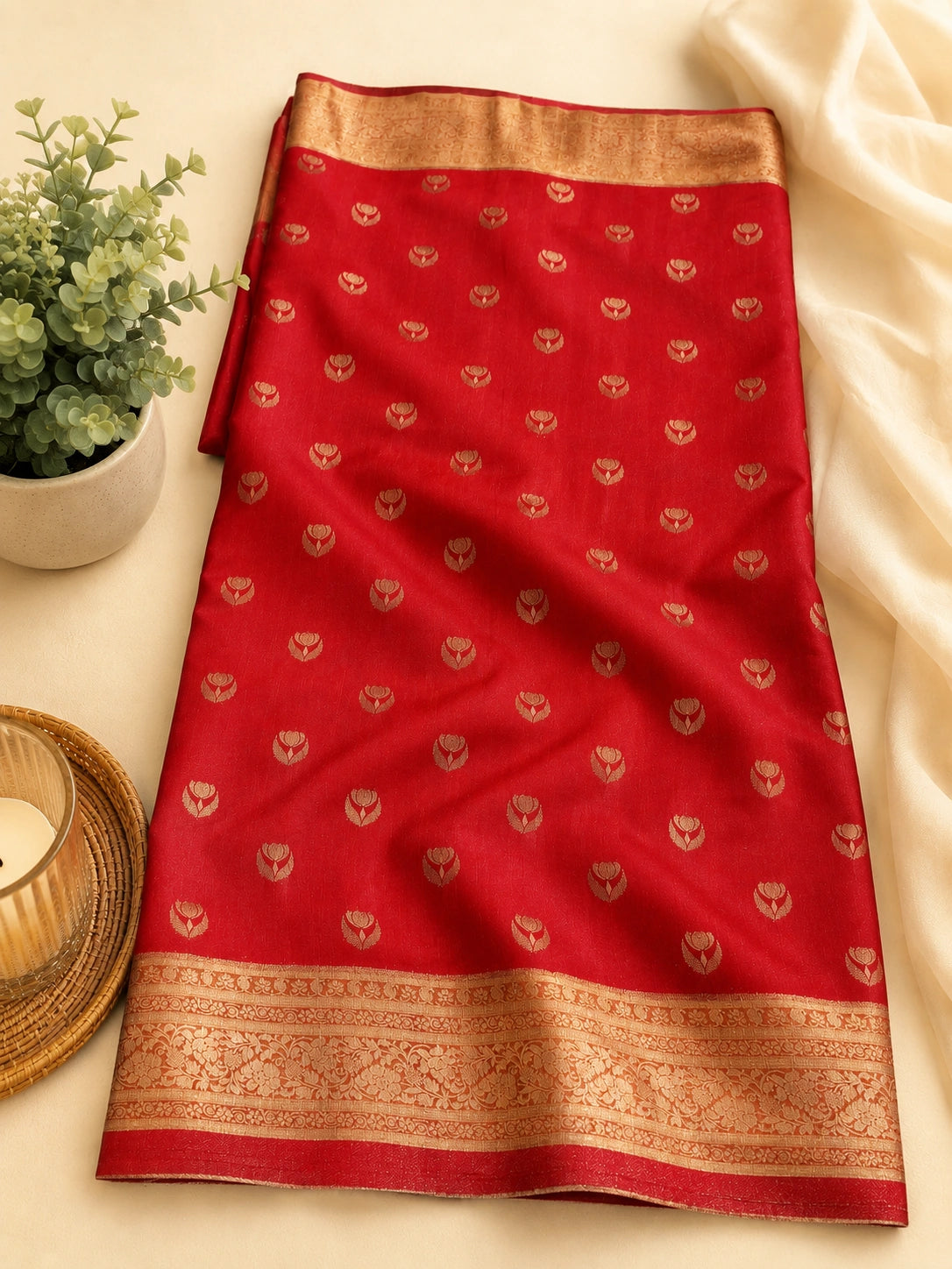 Royal Red Matka Khaddi Banarasi Saree with Zari Woven Border