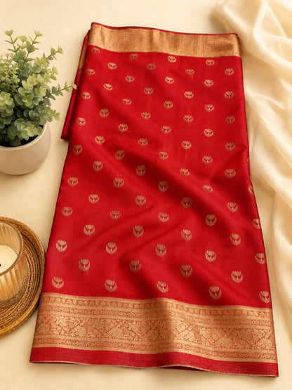 Royal Red Matka Khaddi Banarasi Saree with Zari Woven Border