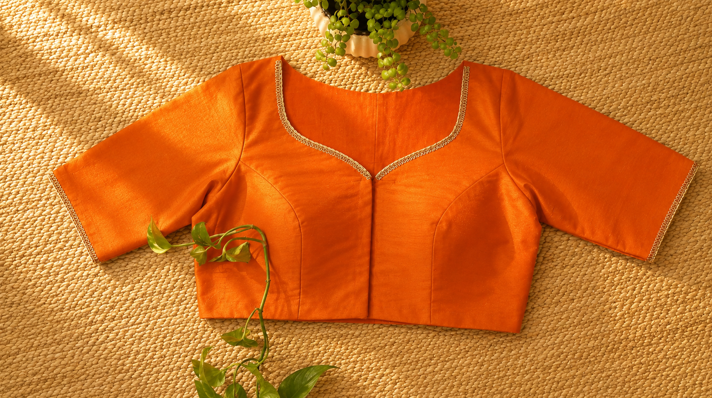 Orange Raw Silk Ari Work Blouse – Designer Embroidered Blouse for Wome