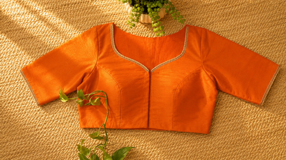 Orange Raw Silk Ari Work Blouse – Designer Embroidered Blouse for Wome
