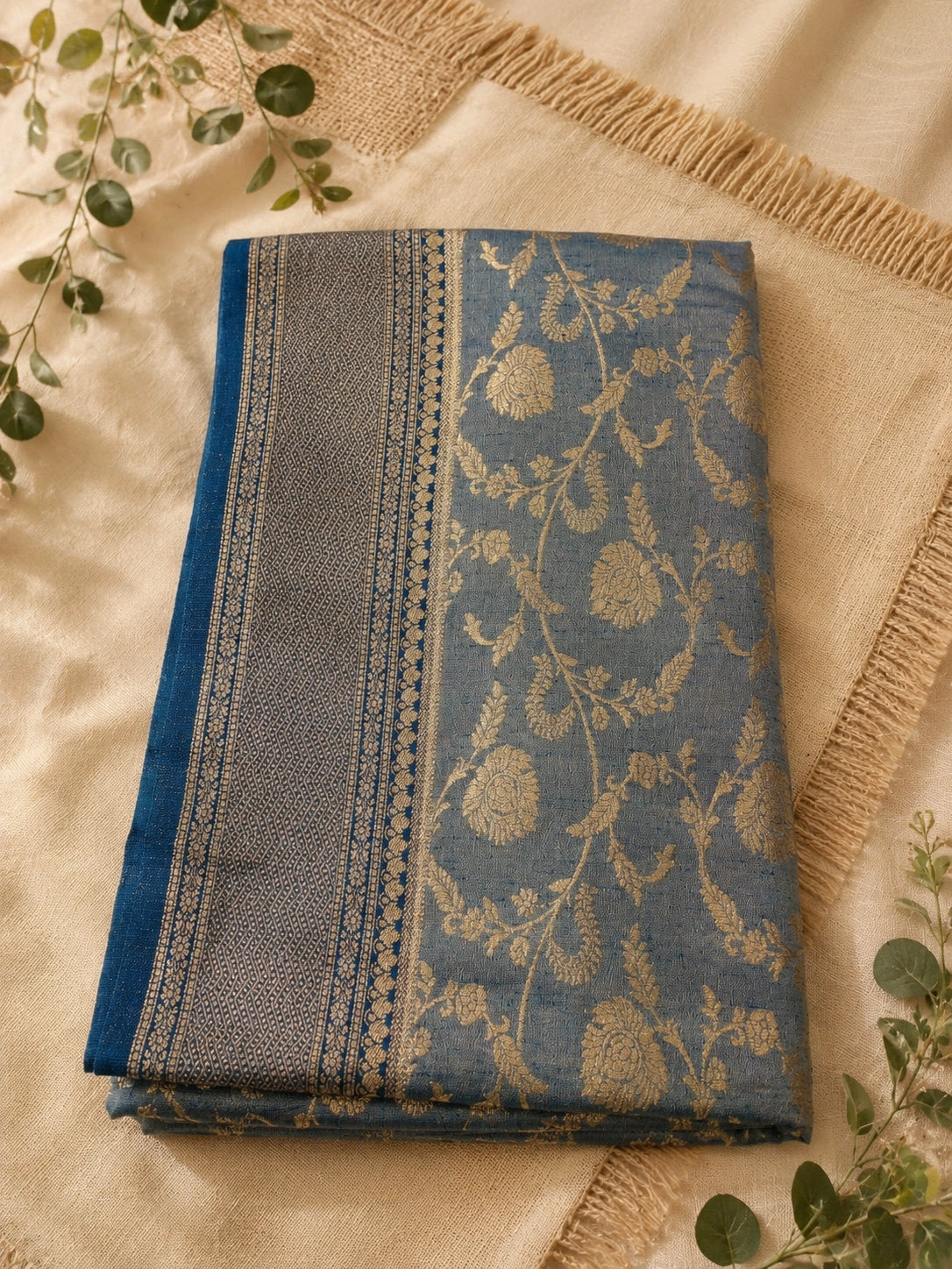 Steel Blue Matka Khaddi Banarasi Saree with Antique Zari Floral Weaving