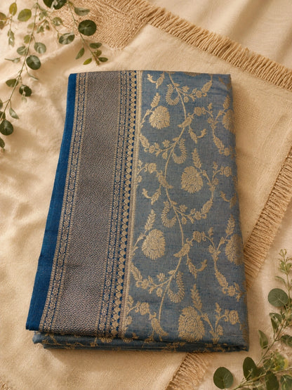 Steel Blue Matka Khaddi Banarasi Saree with Antique Zari Floral Weaving
