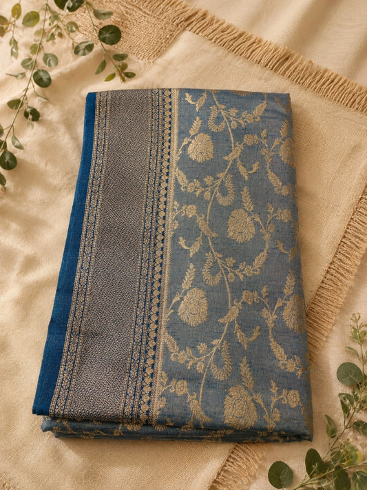 Steel Blue Matka Khaddi Banarasi Saree with Antique Zari Floral Weaving