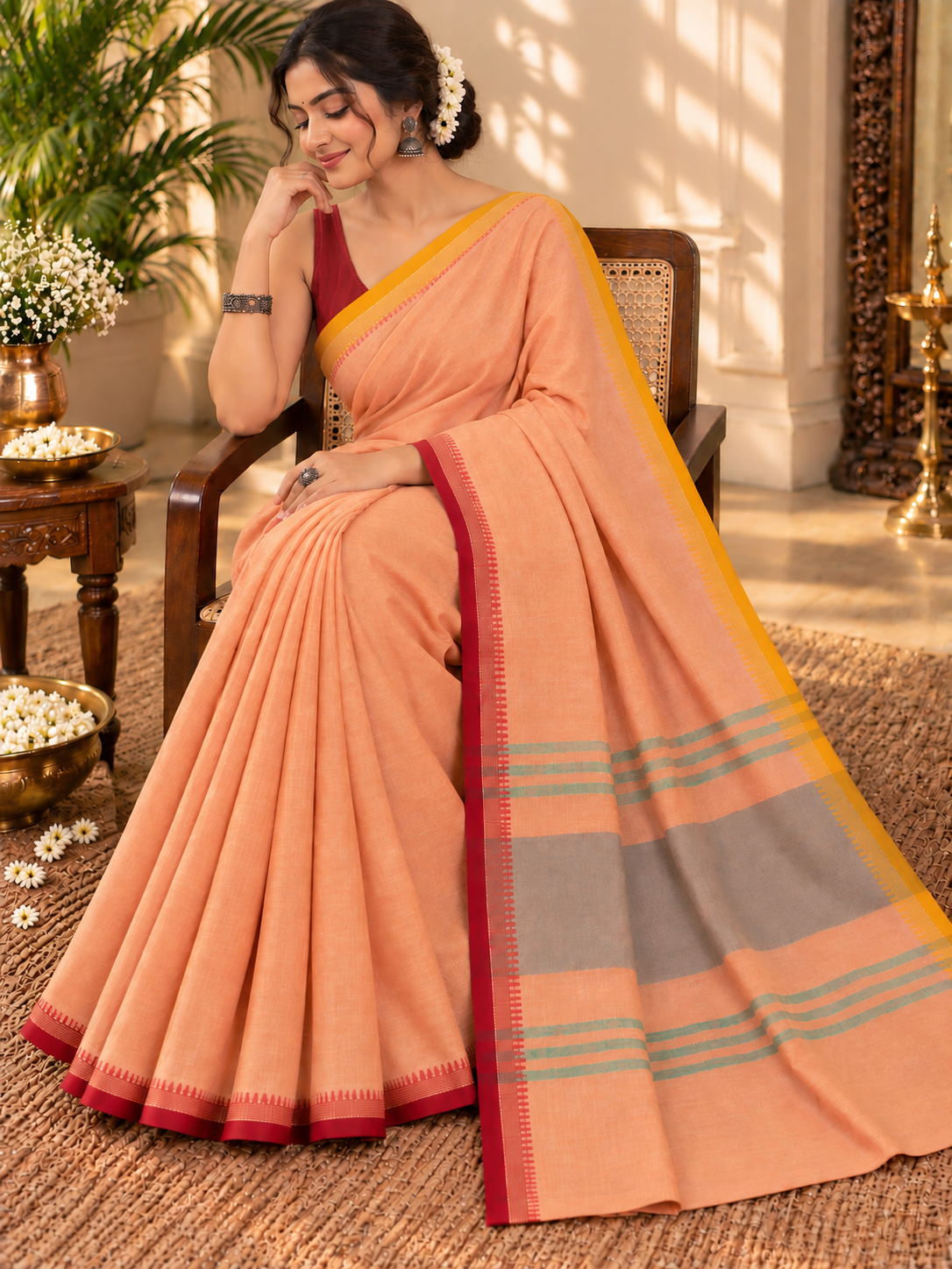 Pure Cotton DhonekhalI Peach Saree with Red Yellow Border and Grey Green Stripes