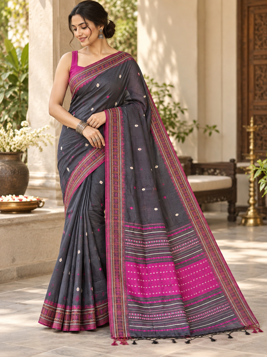 Charcoal Grey & Rani Pink Pure Cotton Woven Saree with Geometric Border