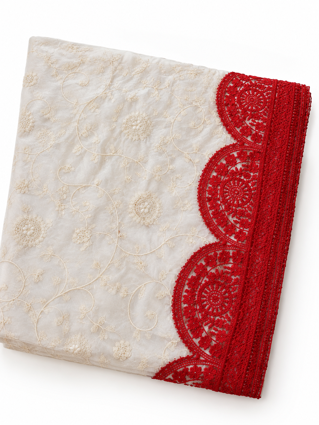 White Soft Georgette Lucknowi Embroidery Saree with Red Cutwork Lace Border