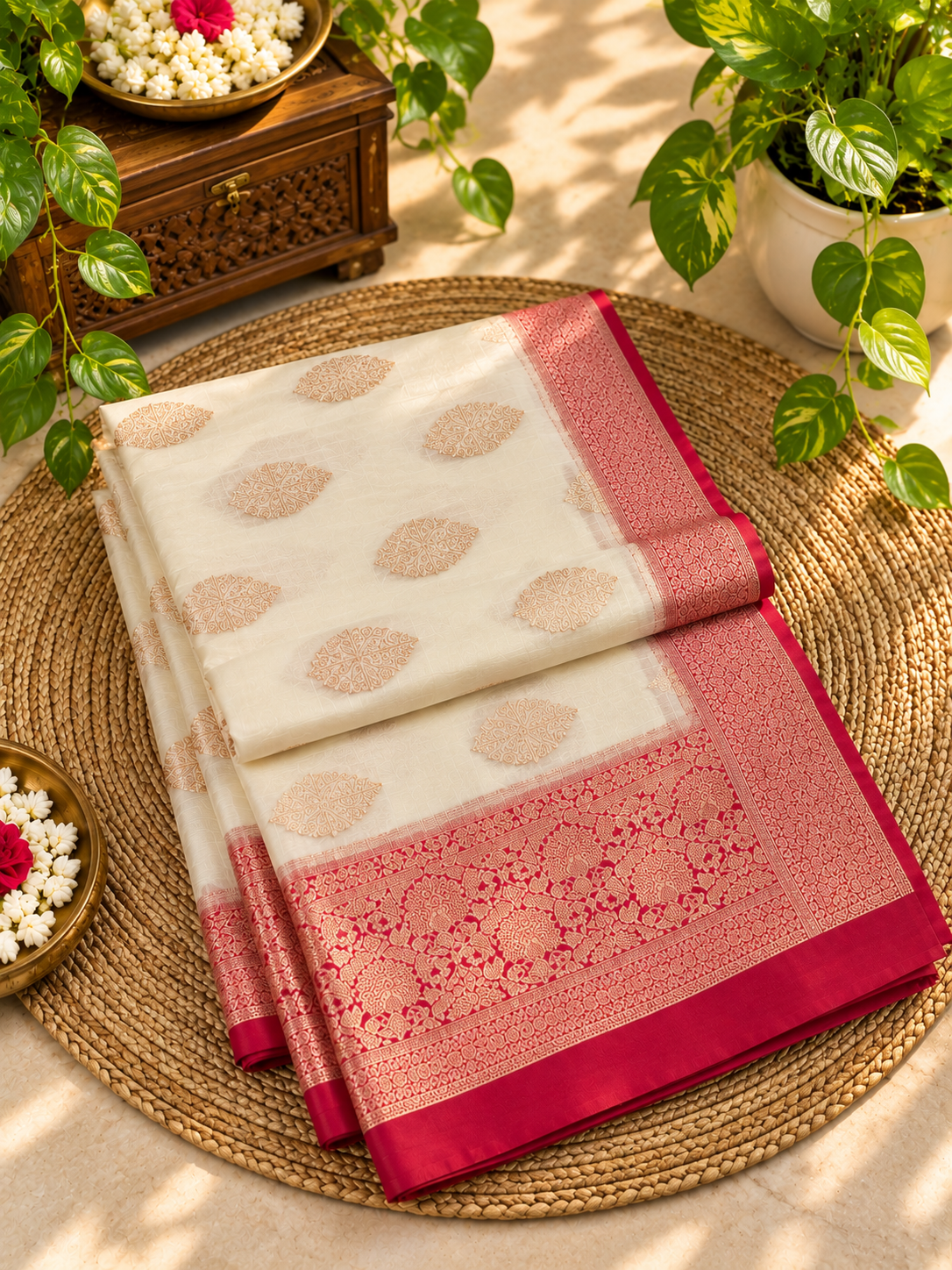 Cream Semi Khaddi Banarasi Saree with Red Floral Zari Border and Buta Motifs