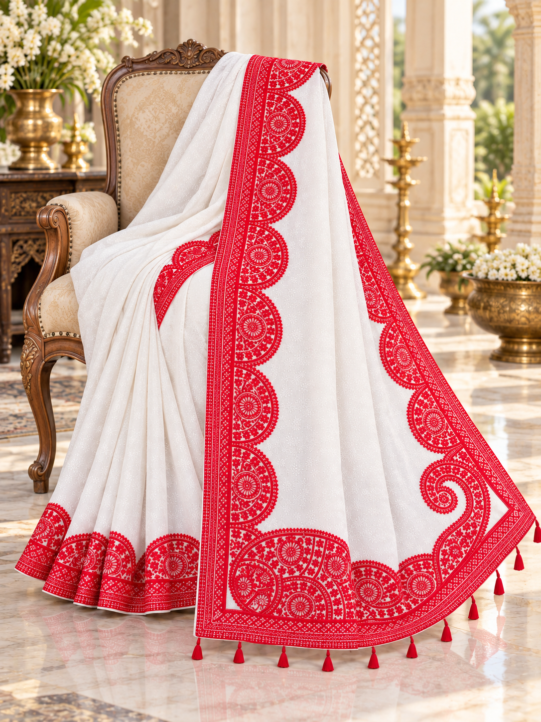 White & Red Soft Georgette Lucknowi Work Saree with Traditional Circular Motifs & Tassel Pallu