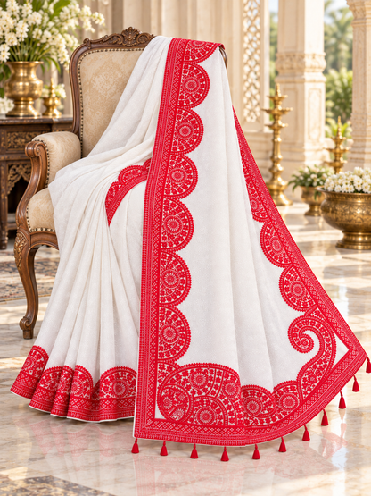White & Red Soft Georgette Lucknowi Work Saree with Traditional Circular Motifs & Tassel Pallu