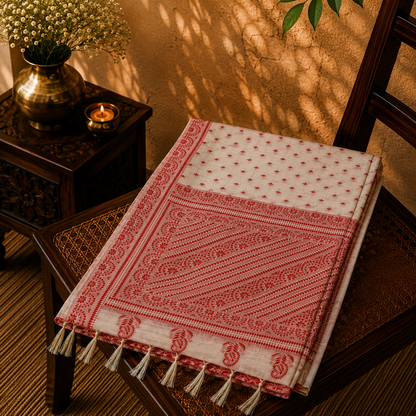 Off White Semi Tussar Saree with Red Traditional Floral Border and Paisley Pallu Design