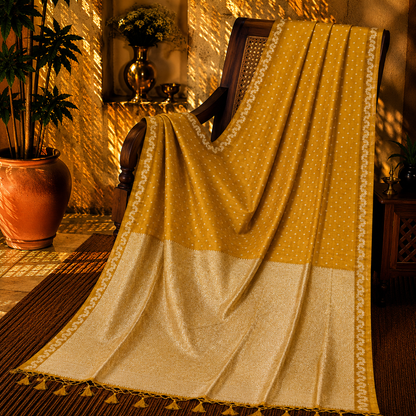 Mustard Yellow Satin Mashru Silk Saree with Woven Silver Zari Border & Buti Design  Festive Ethnic Wear