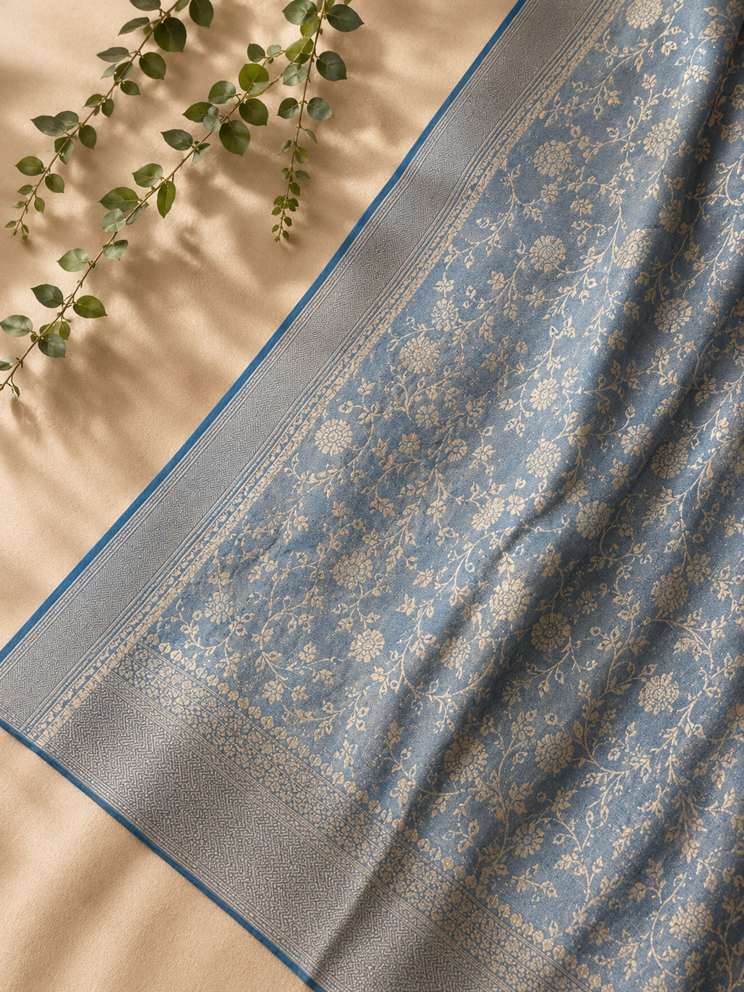 Steel Blue Matka Khaddi Banarasi Saree with Antique Zari Floral Weaving