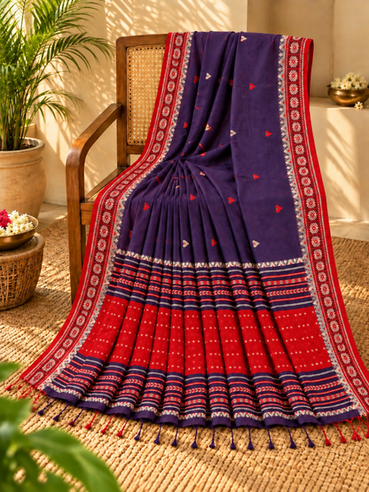 Deep Purple Pure Cotton Weaving Saree with Red Geometric Border & Buti Motifs