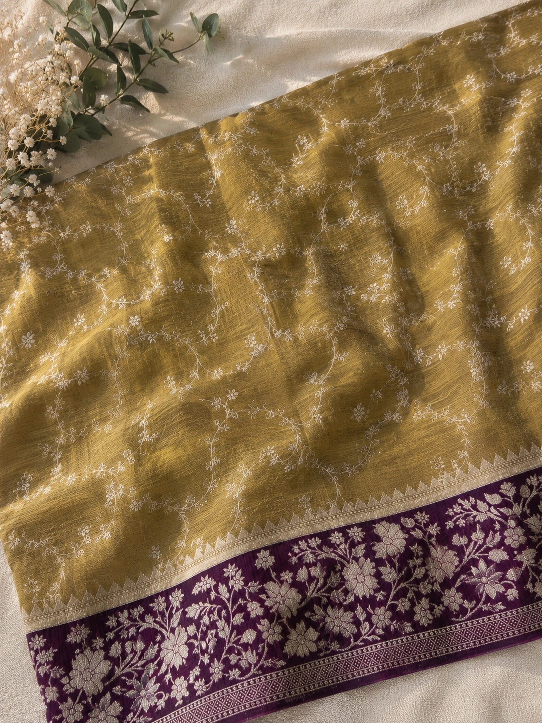 Olive Gold Matka Khaddi Banarasi Saree with Floral Woven Border