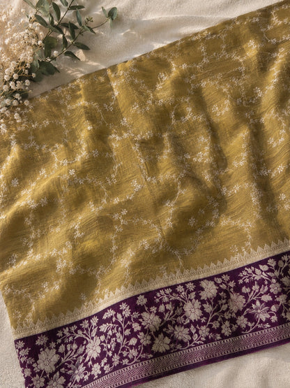 Olive Gold Matka Khaddi Banarasi Saree with Floral Woven Border