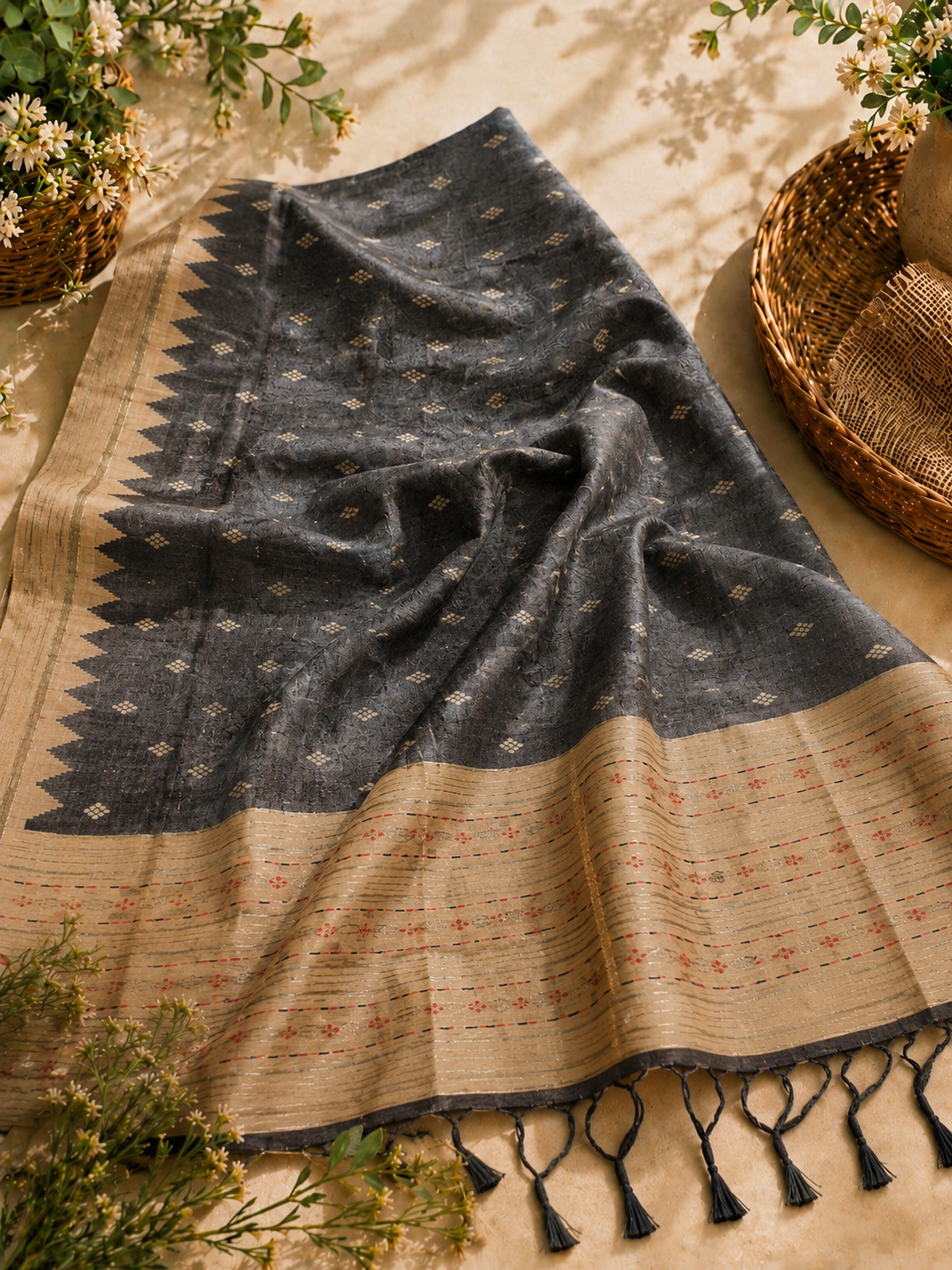 Charcoal Blue Tussar Silk Buta Work Saree with Beige Woven Border