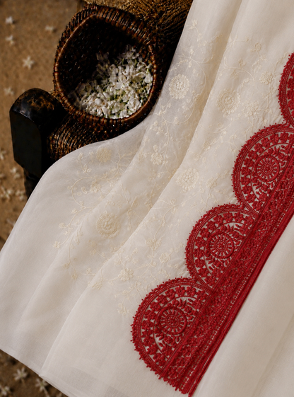 White Soft Georgette Lucknowi Embroidery Saree with Red Cutwork Lace Border
