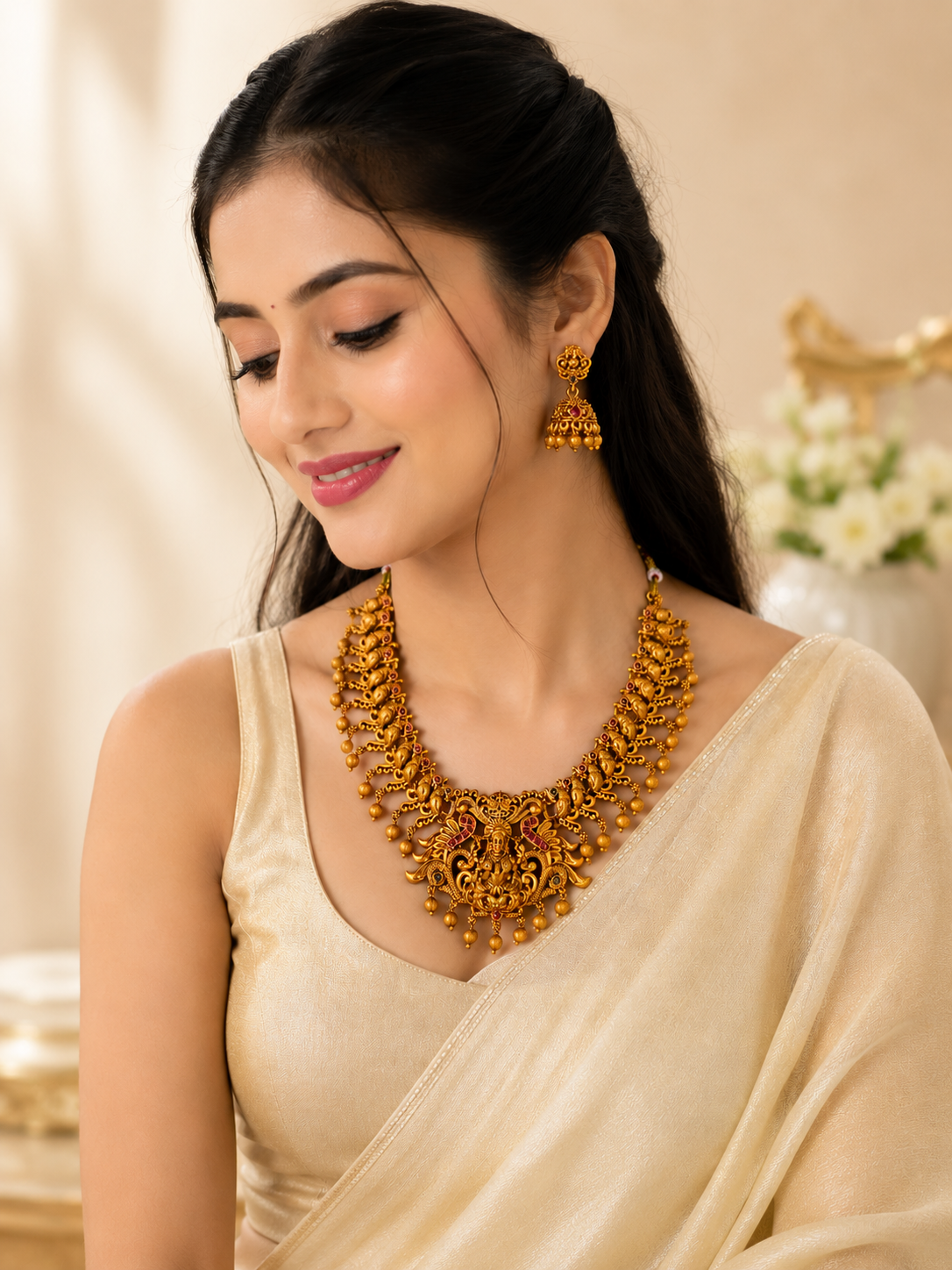 Traditional Gold-Tone Necklace Set with Intricate Temple Motifs and Jhumka Earrings