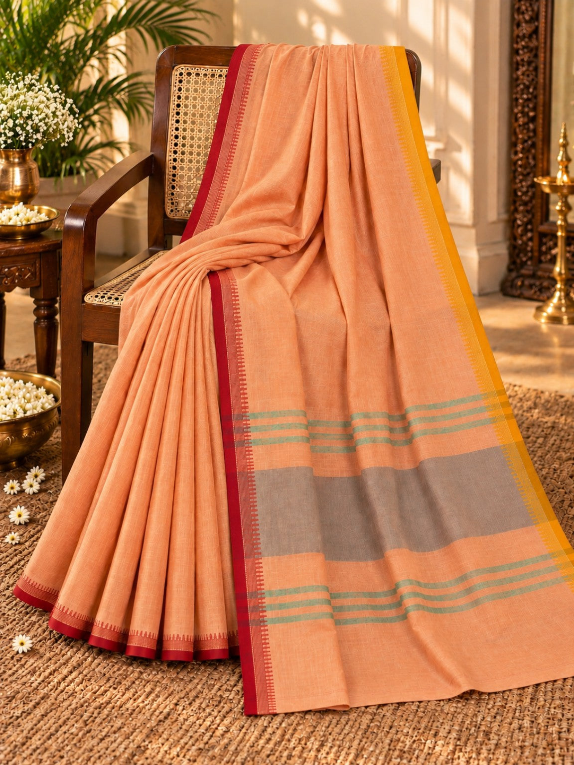 Pure Cotton DhonekhalI Peach Saree with Red Yellow Border and Grey Green Stripes