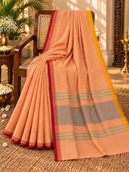 Pure Cotton DhonekhalI Peach Saree with Red Yellow Border and Grey Green Stripes