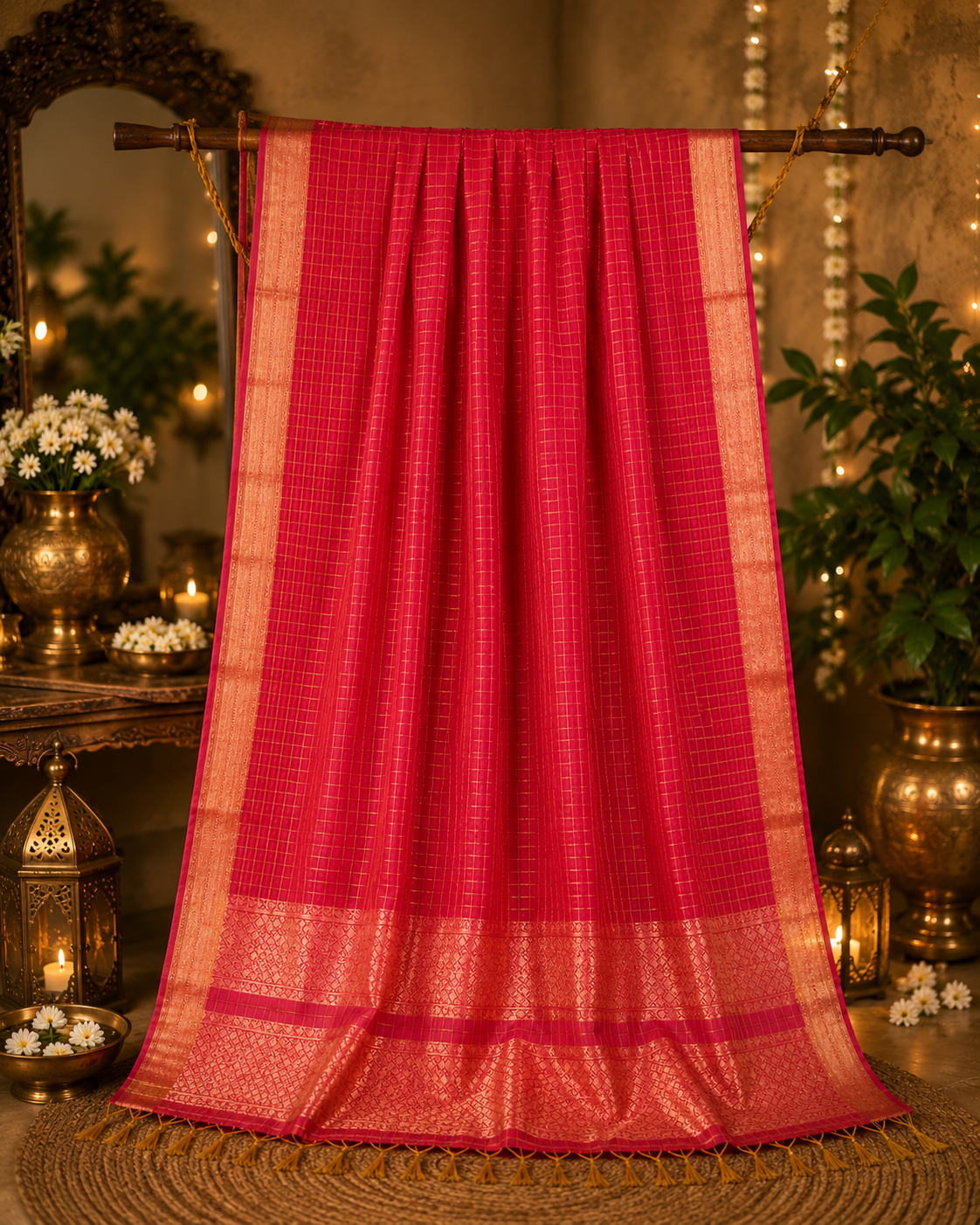 Magenta Pink Mangalgiri Check Saree with Gold Zari Border & Traditional Woven Pallu