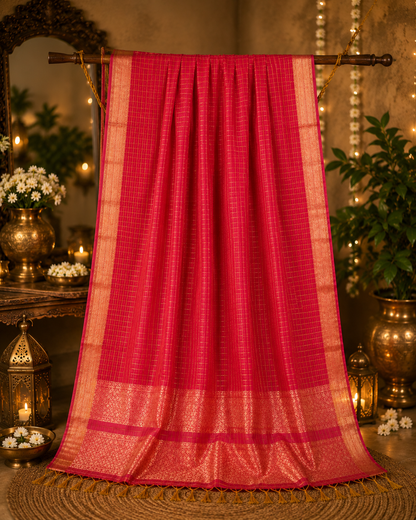 Magenta Pink Mangalgiri Check Saree with Gold Zari Border & Traditional Woven Pallu