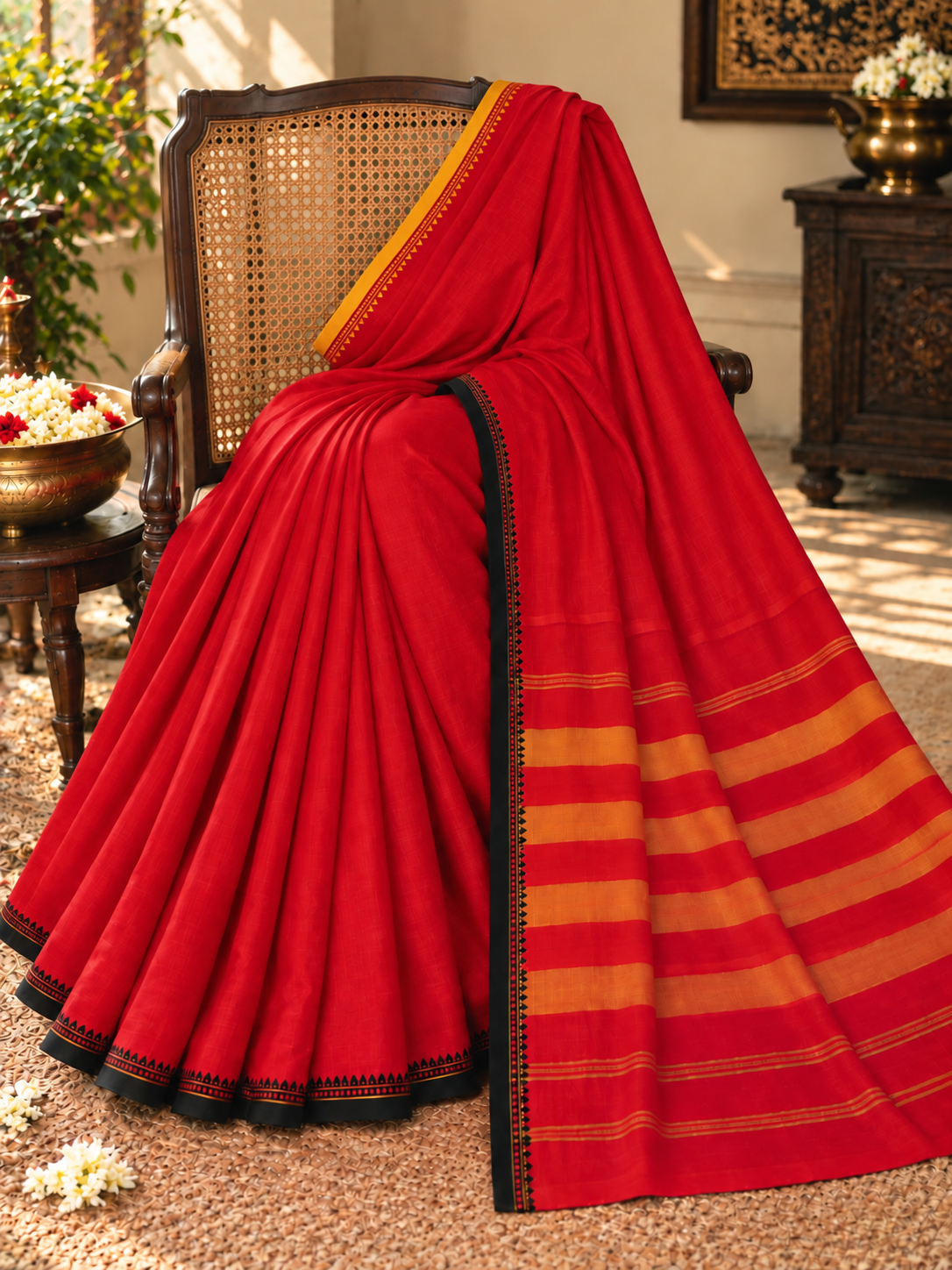 Red Pure Cotton Dhonekhali Saree with yellow Striped Pallu & Black Woven Border