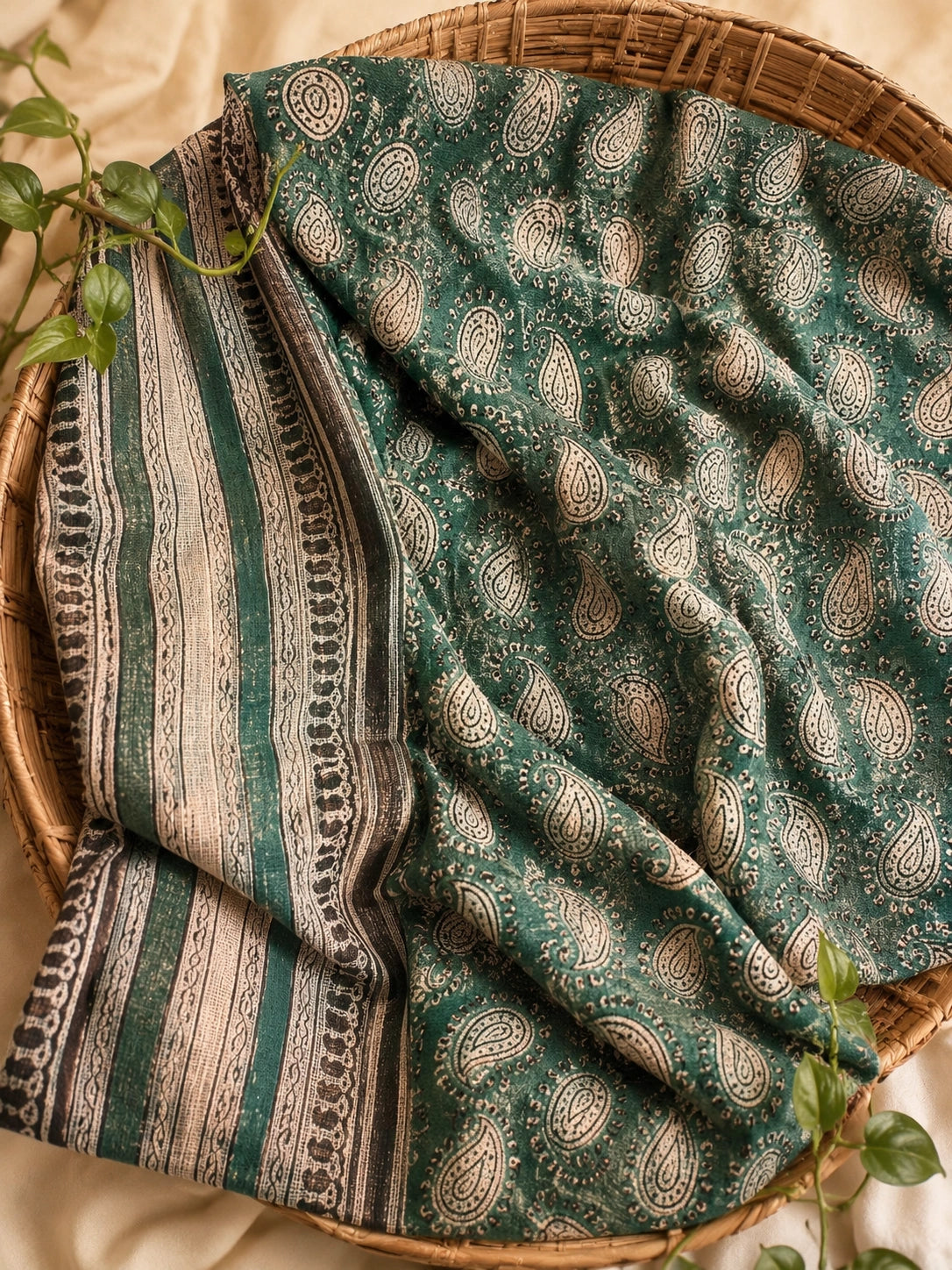 Teal Green Kota Dori Paisley Hand Block Print Saree