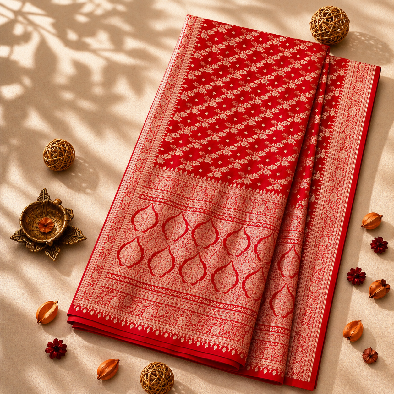 Red Pure Katan Banarasi Saree with Gold Zari Floral Buti and Traditional Paisley Pallu