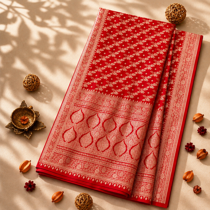 Red Pure Katan Banarasi Saree with Gold Zari Floral Buti and Traditional Paisley Pallu