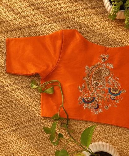Orange Raw Silk Ari Work Blouse – Designer Embroidered Blouse for Wome