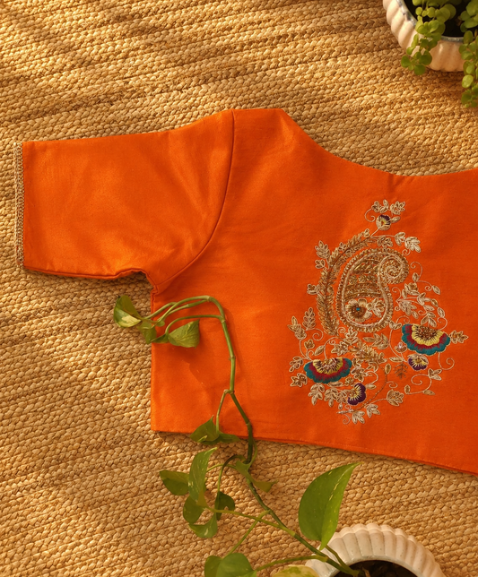 Orange Raw Silk Ari Work Blouse – Designer Embroidered Blouse for Wome