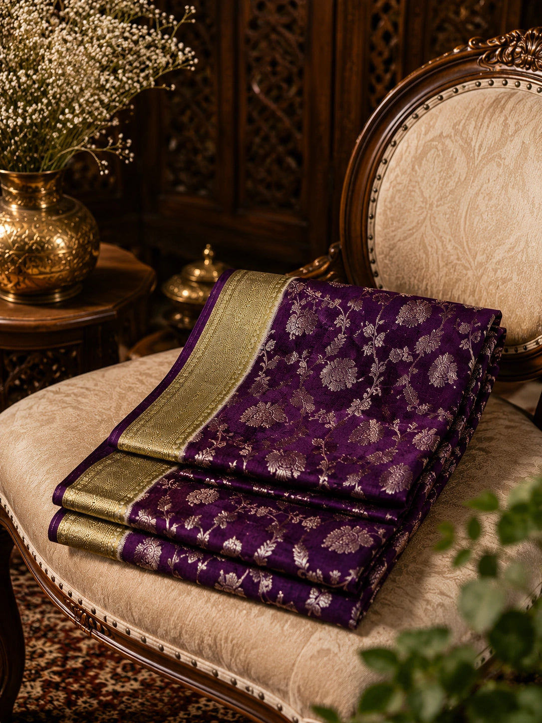 Royal Purple Matka Khaddi Banarasi Saree with Zari Floral Weaving
