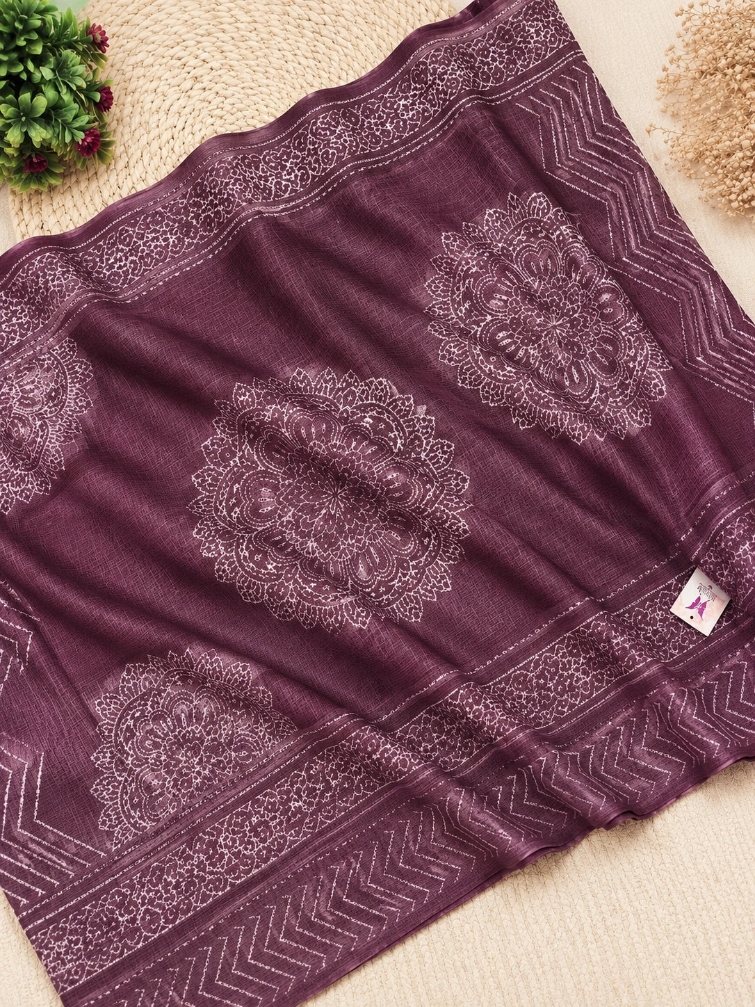 Kota Dori Hand Block Print Saree in Plum Wine with Woven Border