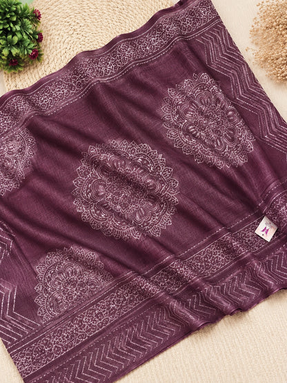 Kota Dori Hand Block Print Saree in Plum Wine with Woven Border