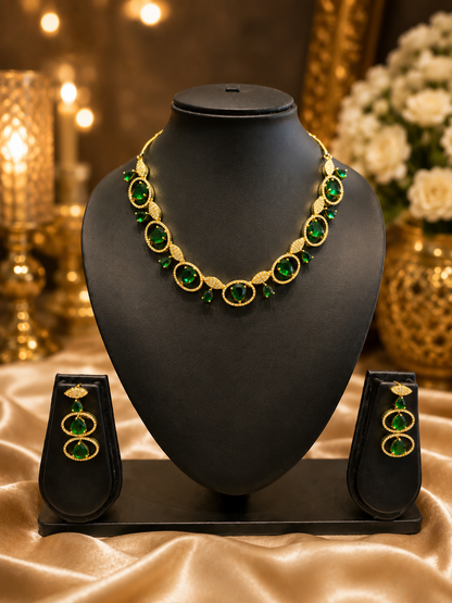 WEVOW Gold-Tone Green Stone Necklace Set with Matching Drop Earrings | Elegant Party & Festive Jewellery