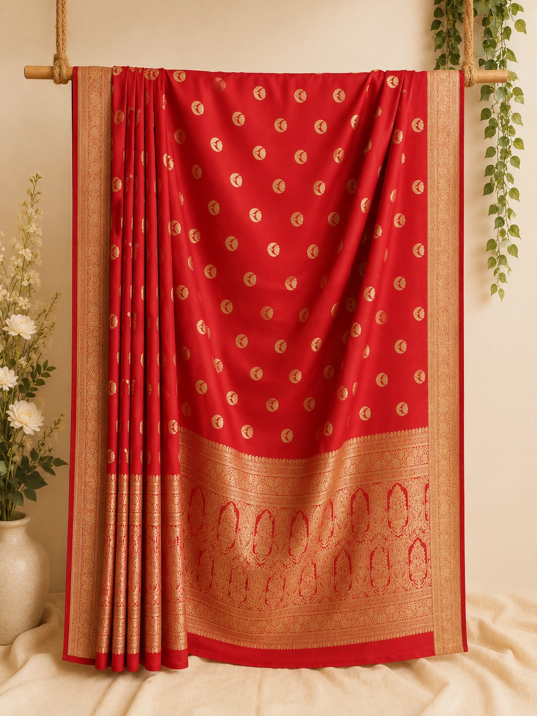 Royal Red Matka Khaddi Banarasi Saree with Zari Woven Border