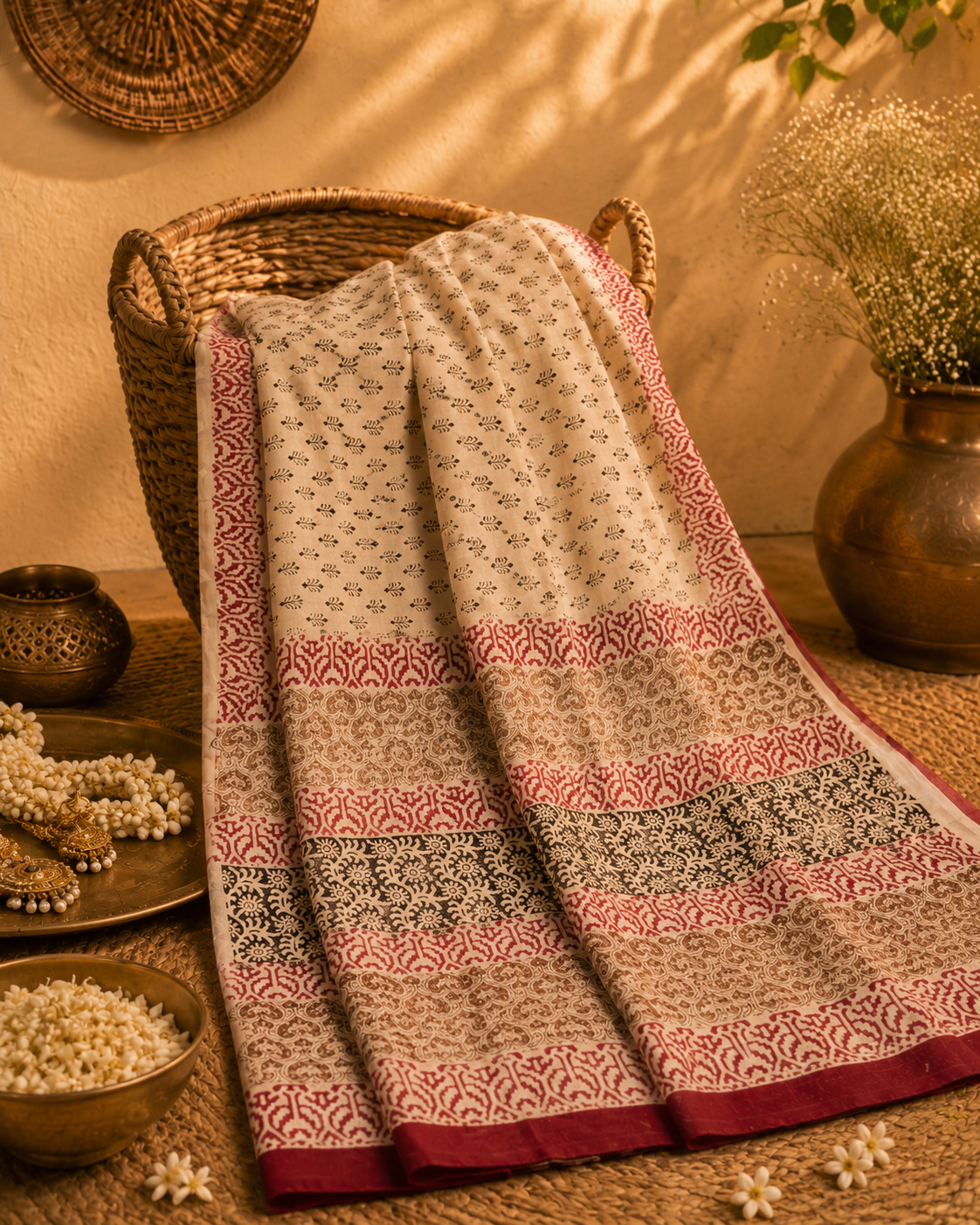 Off White Linen Kalamkari Saree with Red Border and Black Leaf Motifs