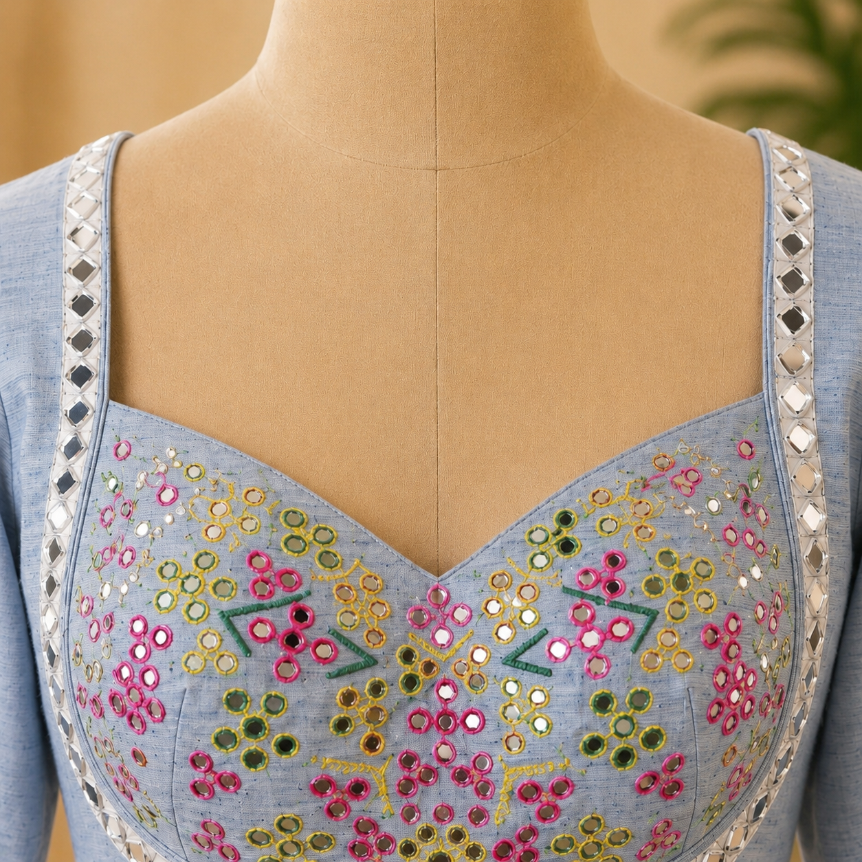 WEVOW Sky Blue Pure Cotton Hand Mirror Work Blouse for Women | Multicolor Glass Embroidery Festive & Ethnic Wear